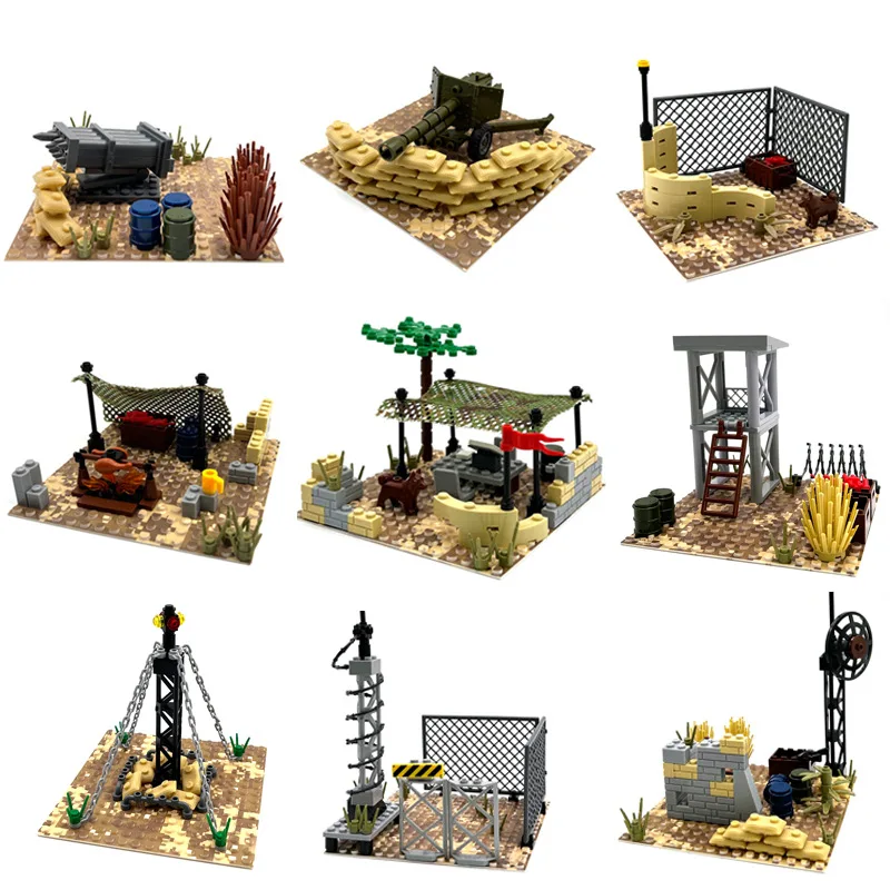 

Military WWII Desert Scenes Weapon Howitzer Radar Sentinel Ruin Trench Soldier Building Blocks Sets Model Dolls Brick Kids Toys