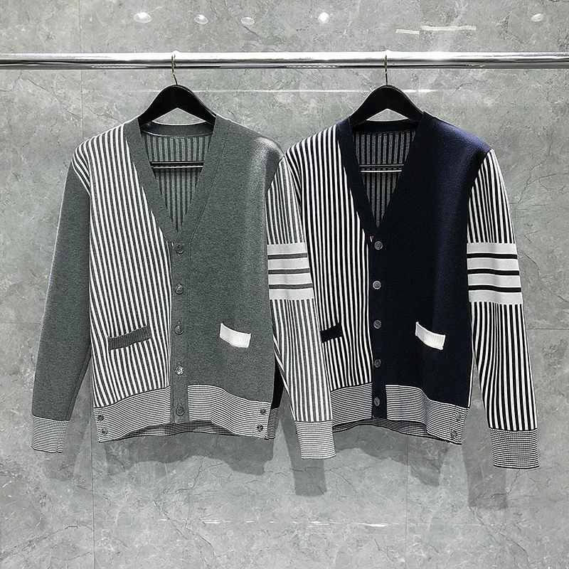 

TB THOM Men's Sweaters Harajuku Korean Fashion Brand Coats Vertical Stripes Patchwork Fun-Mix Cardigan Streetwear Casual Sweater