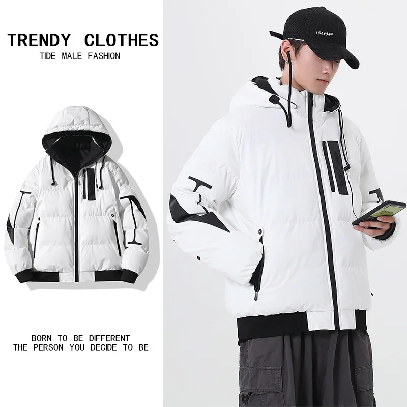 Mens Fashion Letter Print Double Sided Wearable Jacket 2022 Winter Thickened Warm Removable Hooded Padded Jackets Korean Clothes