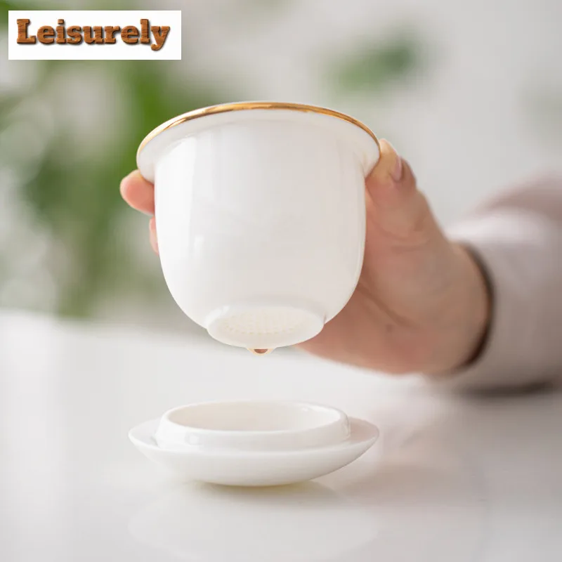 Sheep Fat Jade White Porcelain Ink Far Mountain Filter Tea Separator Cup Retro Tea Mug With Infuser Tea Soaking Office Water Cup