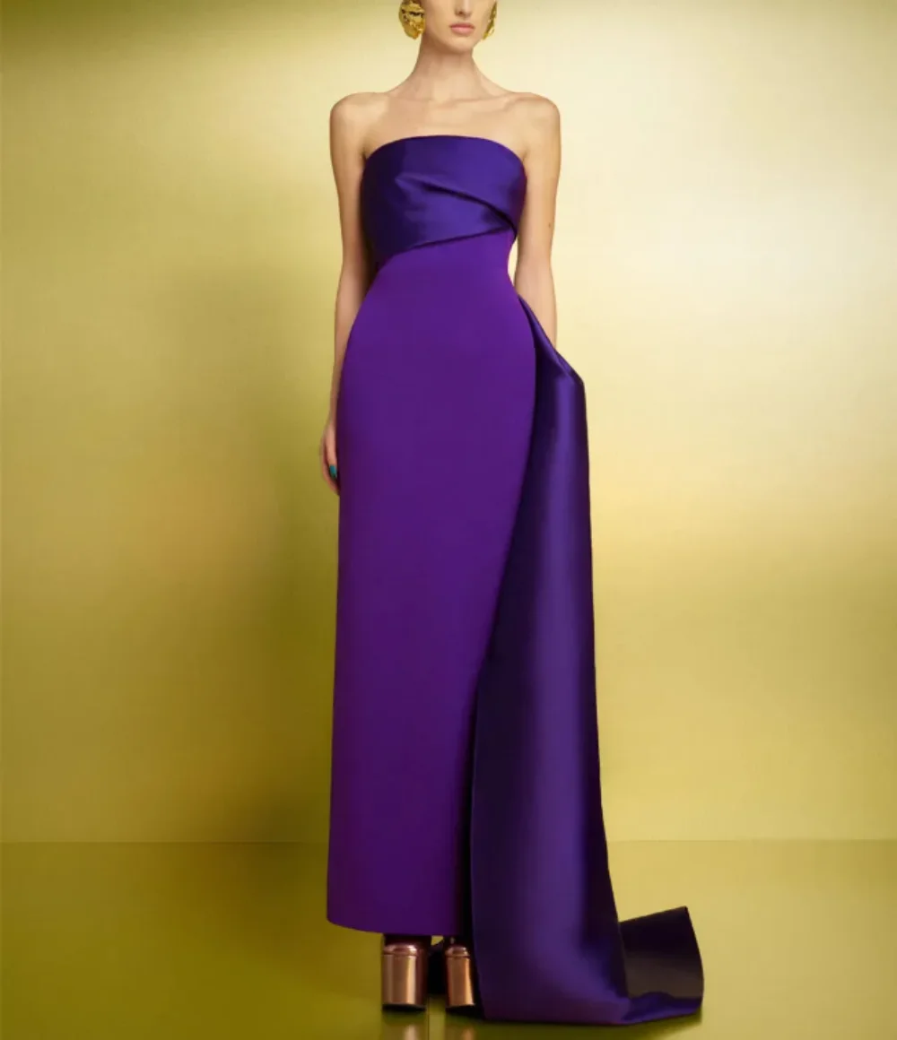 

Vintage Long Purple Crepe Muslim Evening Dresses With Slit Sheath Satin Ankle Length Sweep Train Zipper Back Prom Wear for Women