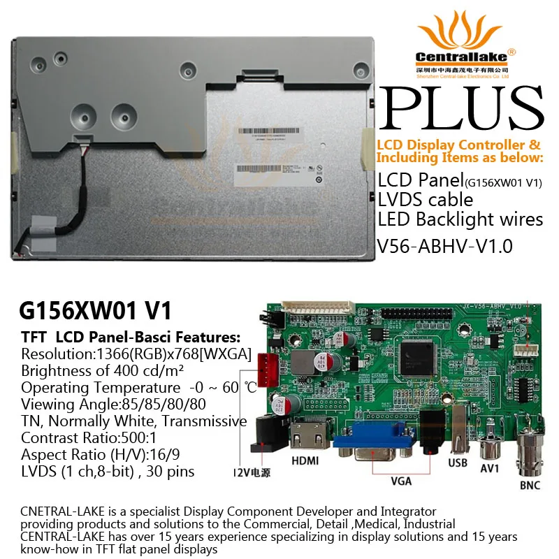 

Hot Sale for 15.6″LCD Industrial Display Screen Includes Controller Board :V56ABHV plus 15.6 inch Panel G156XW01 V1