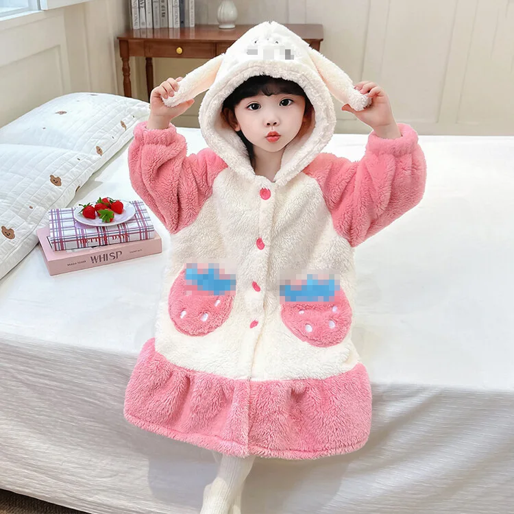Autumn Winter 1-8Y Girls Flannel Pajamas Cartoon Hat Ear Spliced Kids Girls Robe Strawberry Pocket Warm Toddler Loungewear