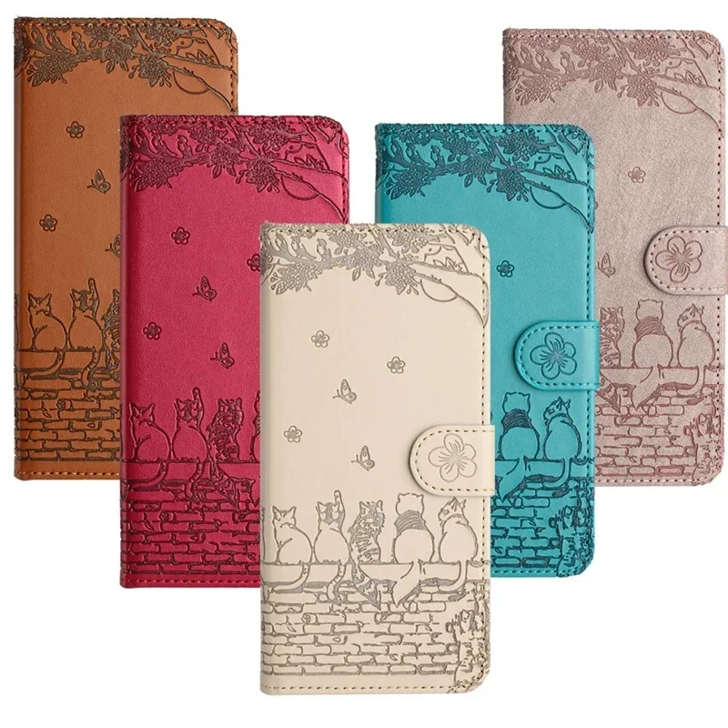 Cat Embossed Flip Leather Wallet Case Cover