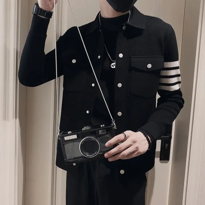 Autumn Winter KPOP Fashion Style Harajuku Slim Fit Outerwear Loose Casual All Match Knitwear Lapel Cardigan Pockets Sweaters