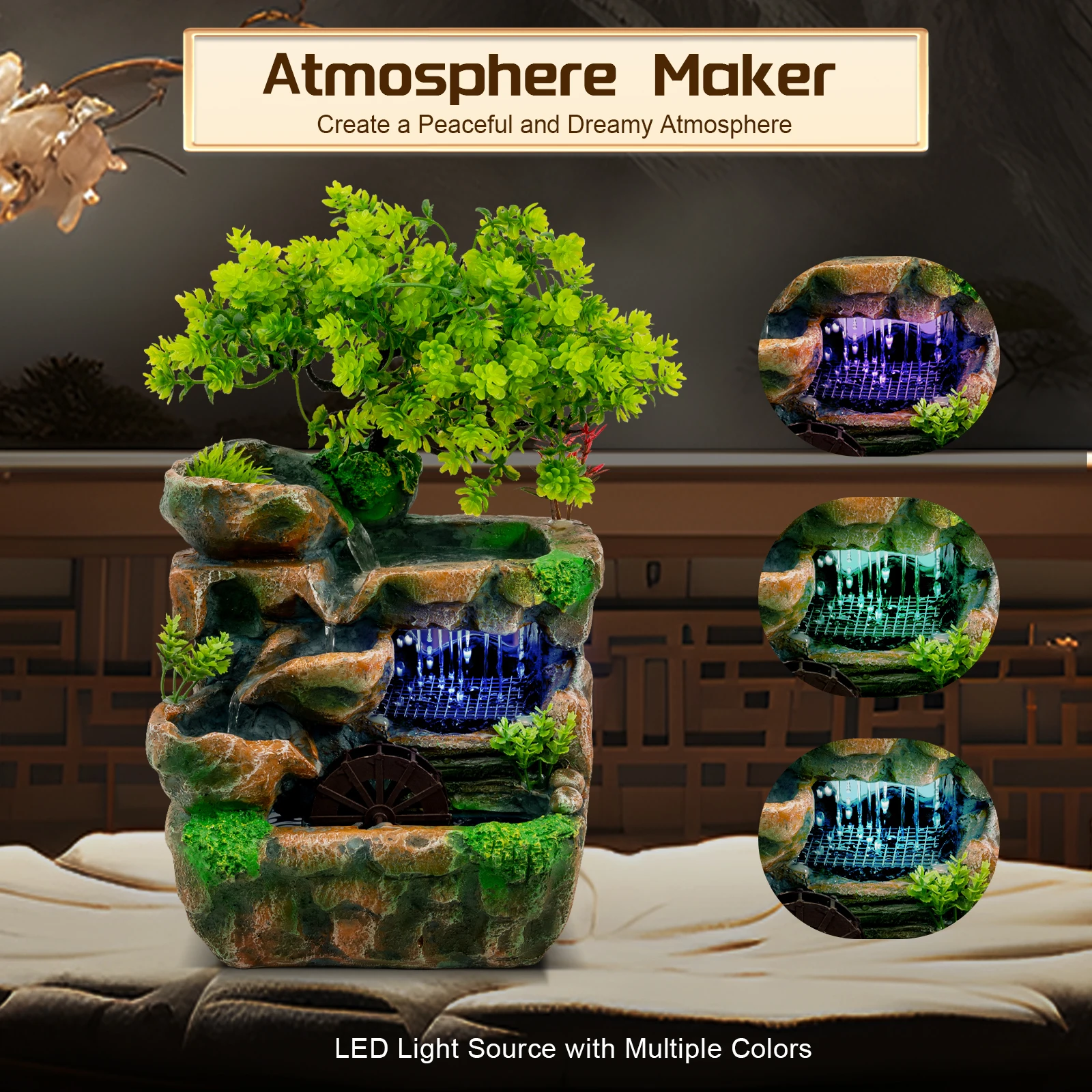 Decorative tabletop water feature with rocks and plants