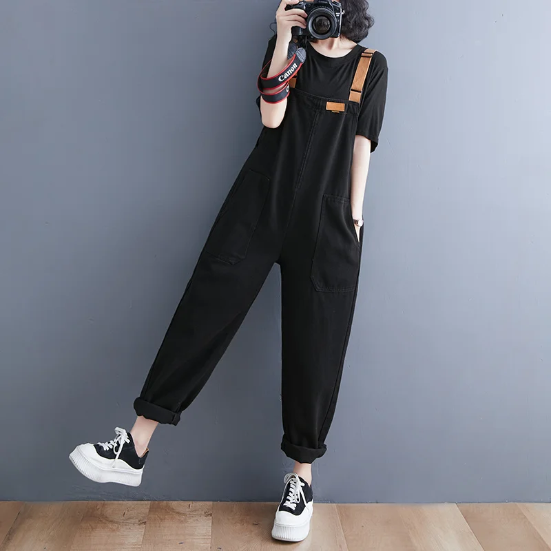 #2377 Black Cargo Denim Jumpsuits Women Loose Pencil Harem Denim Overalls Female Korean Style Jeans Rompers Womens Pockets 