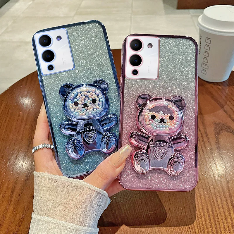 

Note 12 G96 Case For Infinix Note 12 G96 Luxury Gradient Glitter Plating Quicksand Beads Cute Bear Holder Case Cover Infinix G96