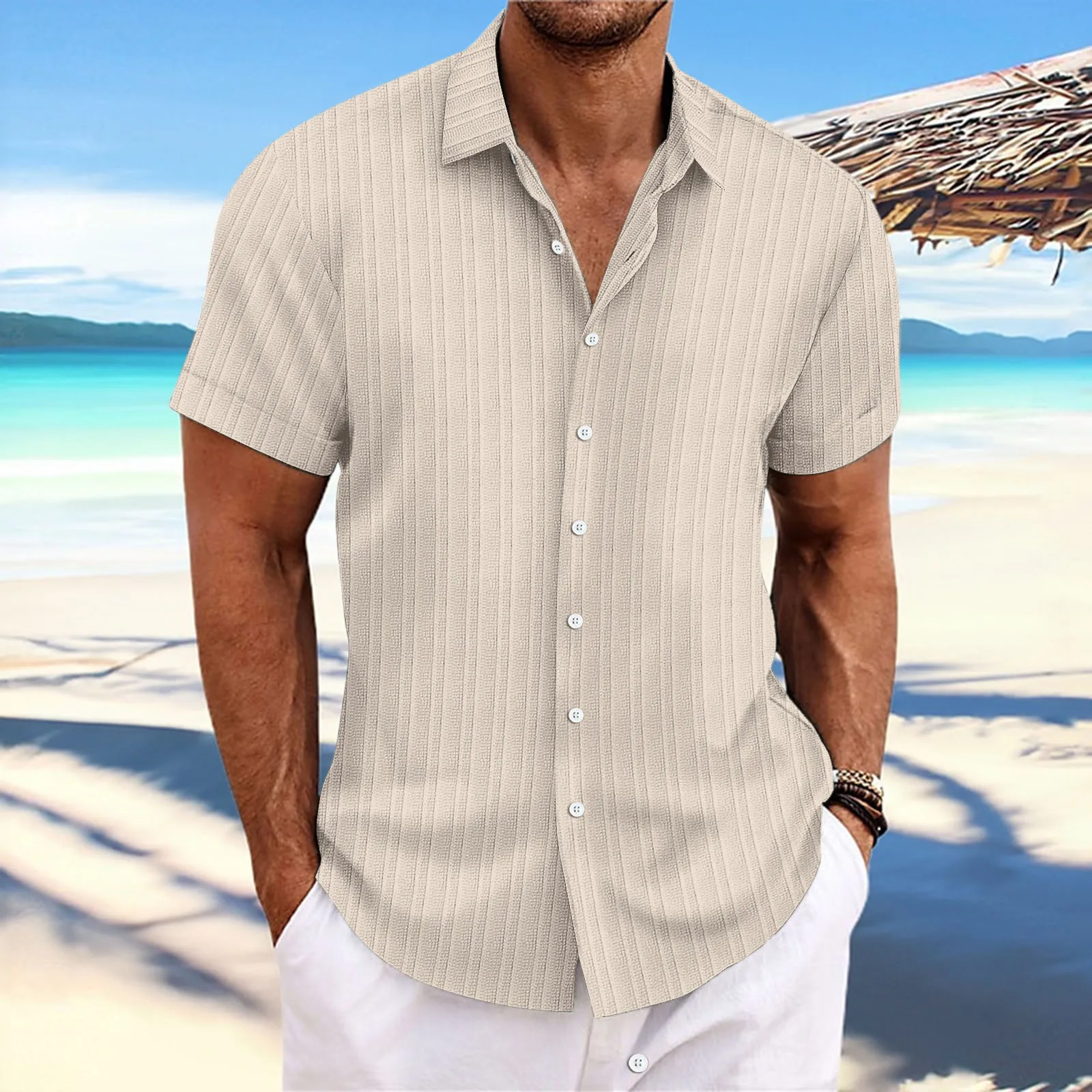 Summer 2024  Men's Loose Casual Trend Solid Color Cardigan Stripe Jacquard short-Sleeved Shirt 3