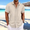 Summer 2024  Men's Loose Casual Trend Solid Color Cardigan Stripe Jacquard short-Sleeved Shirt 3
