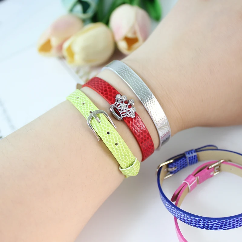 Women Leather Bracelets 10Pcs/Lot 8mm Snake Skin Wristband Slide Letter Charms Jewelry Making DIY Men Band Keychain Gift