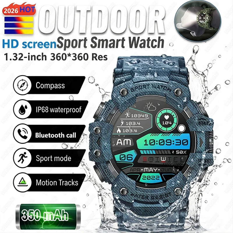 2026 Rugged Sports Smart Watch Bluetooth Calls Colorful Waterproof Military Smartwatches with Flashlight SOS COMPASS for Phone 1
