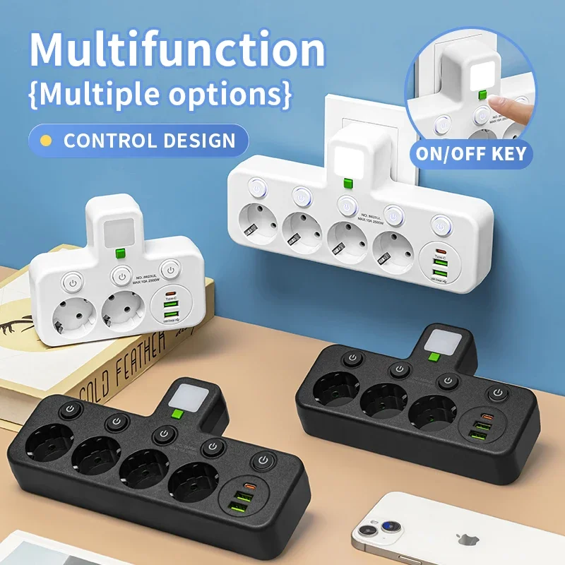 Electrical power strip EU Plug Outlet 4 Sockets Multitap Wall Power Strip Electrical Socket No Extension Cord 2 USB 1 Type-C Ports 2500W MAX Power