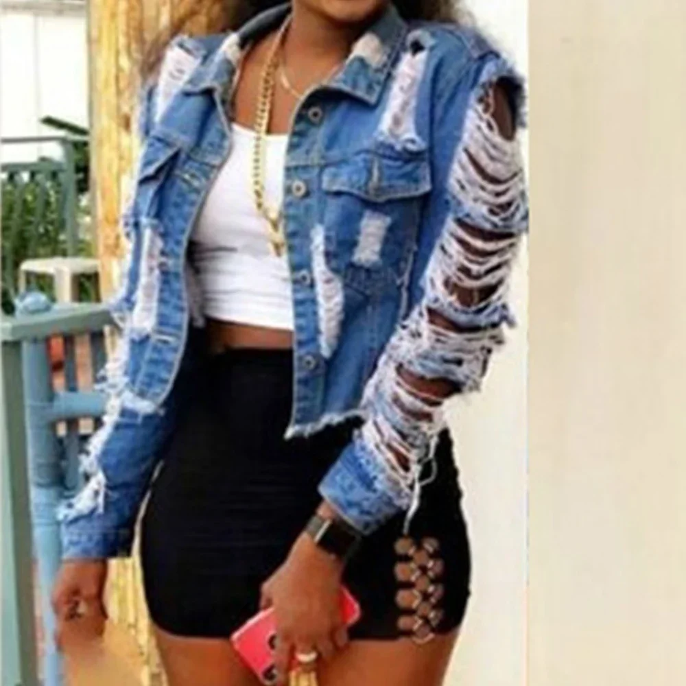 2023 Vintage Short Jean Coat Sexy Ripped Denim Jacket Women Plus Size Fall Winter Casual Female Outwear Fashion Streetwear indie