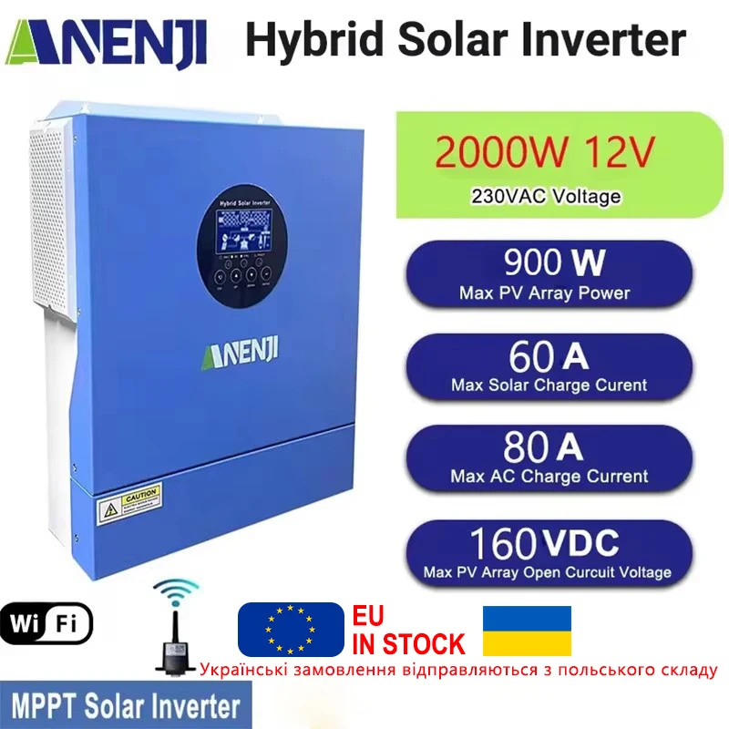 ANENJI 2KW 12V Hybrid Solar Inverter 230V Off Grid Inverter Pure Sine ...