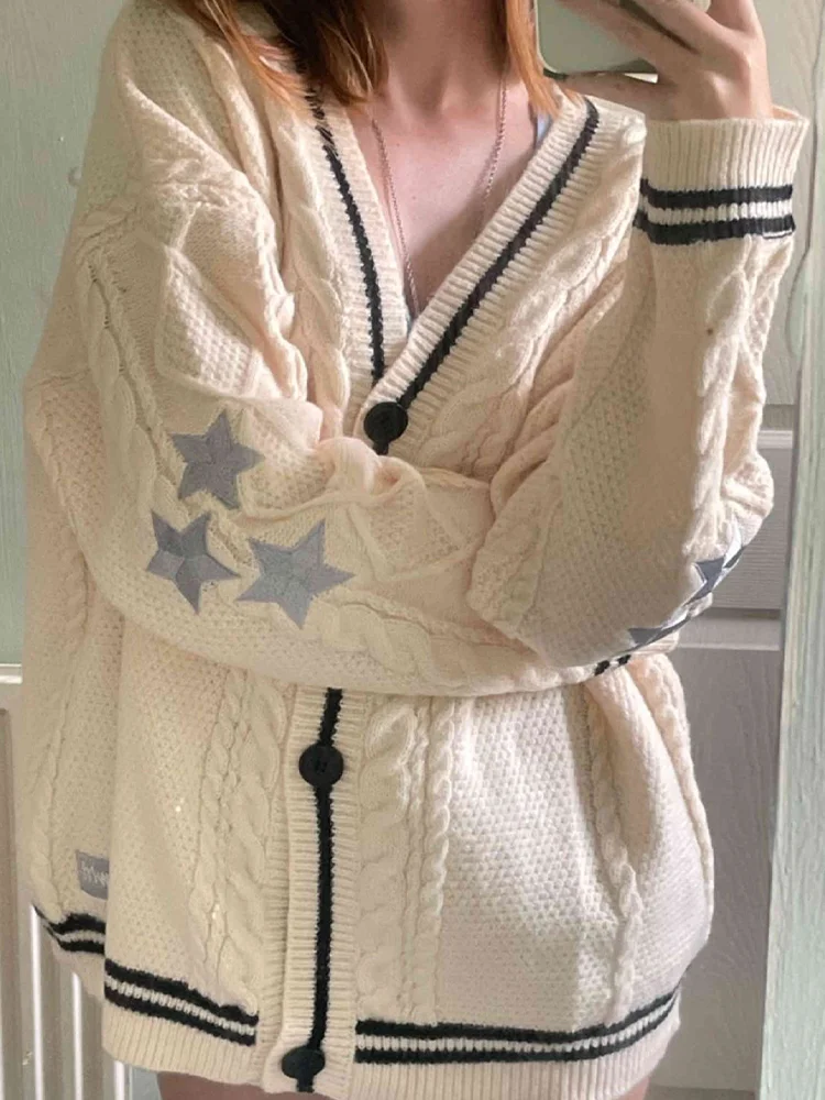 

Chic Vintage Star Print Knitted Cardigan Preppy Cute Button Up V Neck Long Sleeve Coat Autumn Y2K Aesthetics Retro Sweater Knit