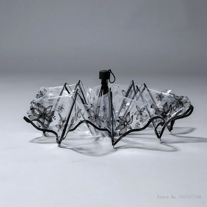 Women's Transparent Thickened Summer Flower Printed Umbrella, Rain Gear Folding Portable Manual Beach Umbrella, 1Pc