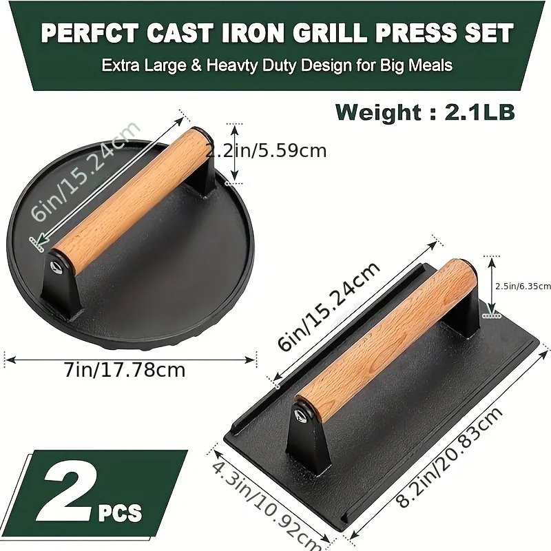 [Cast Iron Meat Press] 1pc/2pcs Cast Iron Meat Press-Non-Stick Uncoated Hamburger Press-Square Round Thickened