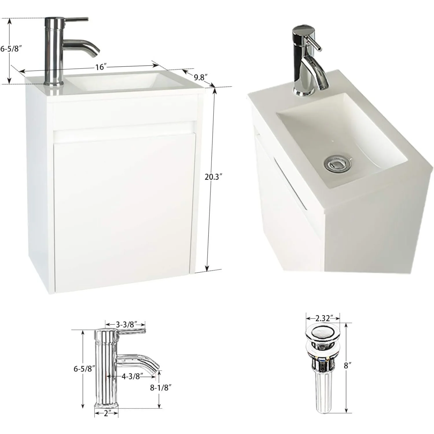 16"Small Bathroom Vanity Wall Mounted,White Small Bathroom Vanity with Ceramic Sink,Bathroom Vanity,Chrome Faucet P-Trap Include 2