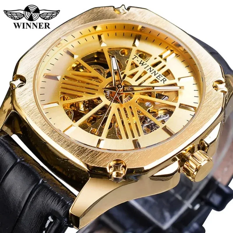 

Winner Watch Men Square Mechanical Watches Luxury Rose Gold Hollow Skeleton Automatic Mechanical Wristwatches Men Reloj Hombre