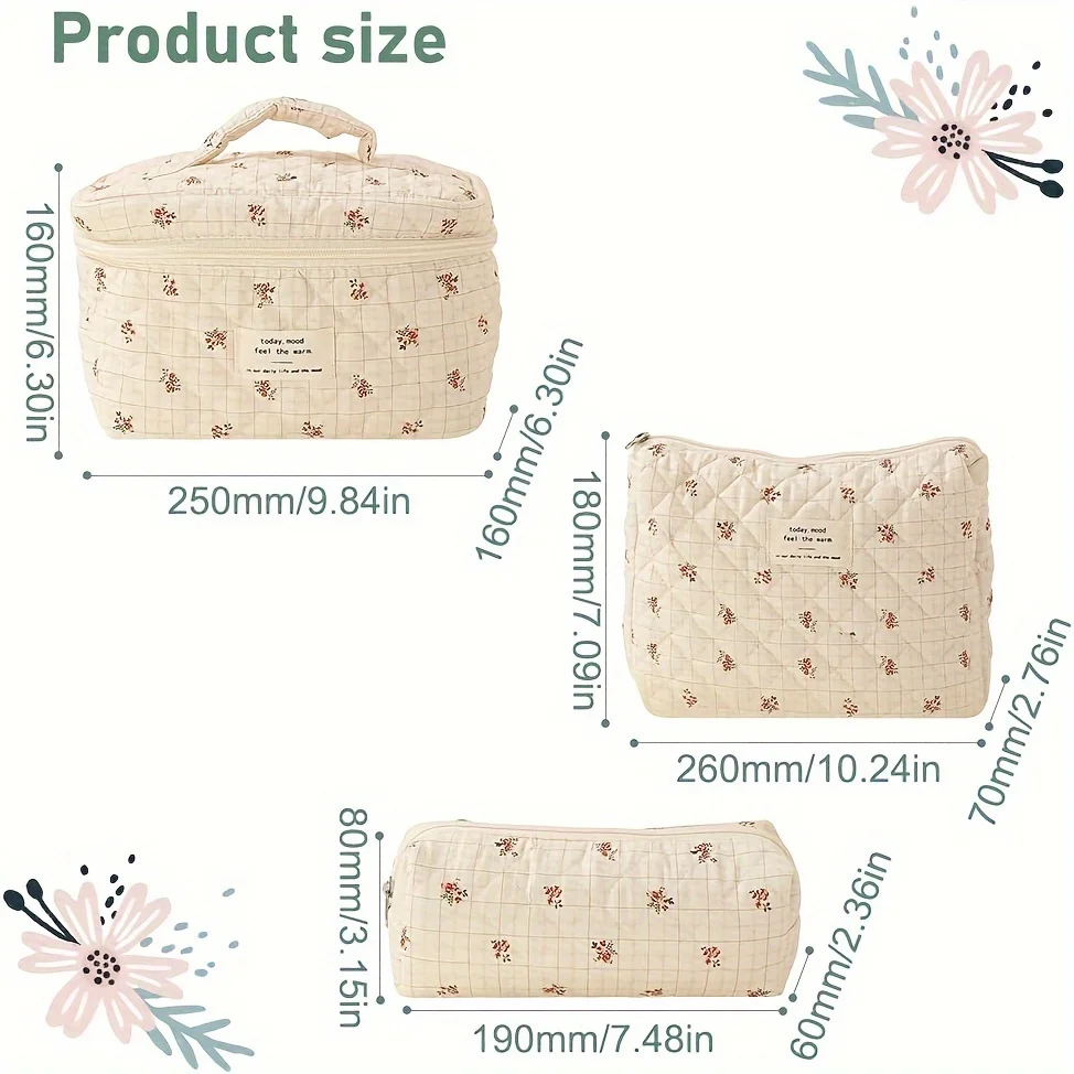 3Pcs Cotton Quilted Makeup Bag Coquette Makeup Bag Large Travel Cosmetic Bag Aesthetic Cute Kawaii Floral Makeup Bag Toiletry Ba 4