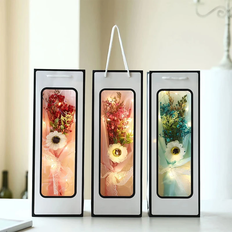 

New Style Single Red Wine Tote Bag Window Transparent PVC Kraft Paper Flower Doll Rectangular Gift Packaging Bag