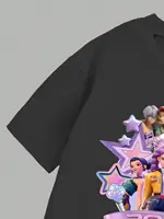 Ensemble 2 pièces pour filles - Tenue de concert K-Pop 2026 - T-shirt graphique noir et pantalon évasé à imprimé personnage pastel pour enfants 4