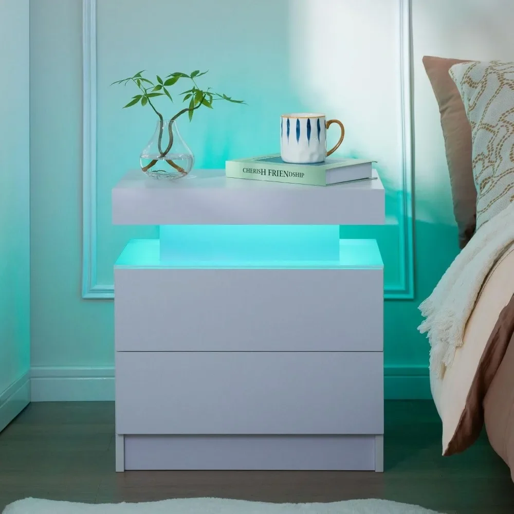 Set of 2 LED Nightstand with 2 Drawers, Bedside Table with Drawers for Bedroom Furniture, Side Bed Table with LED 3