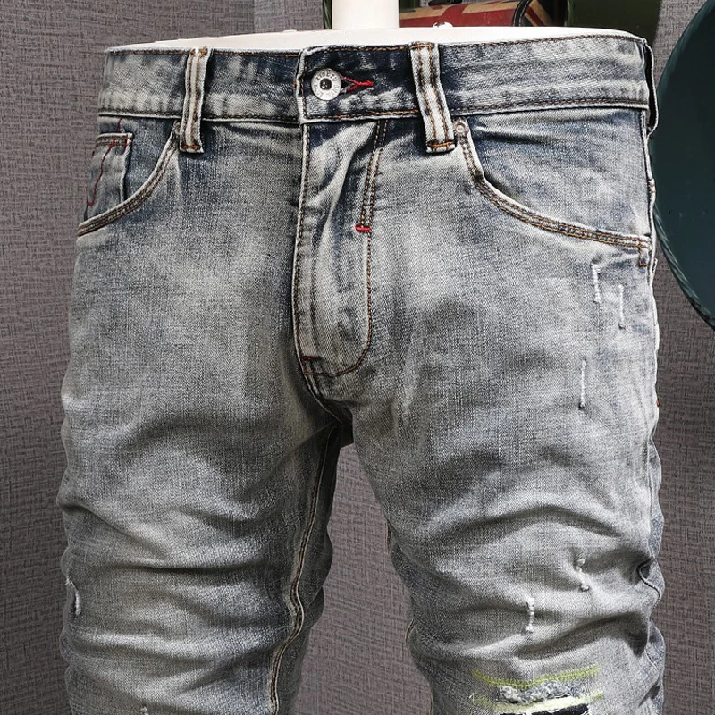 Fashion Vintage Men Jeans Retro Gray Blue Elastic Slim Ripped Jeans Men Embroidery Designer Trousers Trendy Denim Pants Hombre