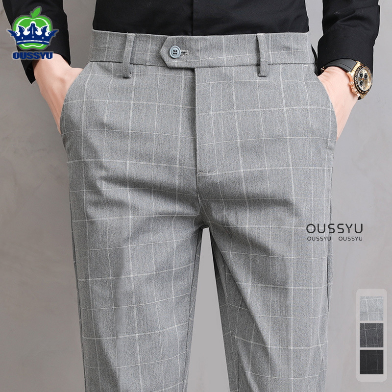 High Quality Summer Thin Plaid Pattern Formal Dress Pants Men Slim Business Work Office Party Korea Skinny Casual Trousers Male