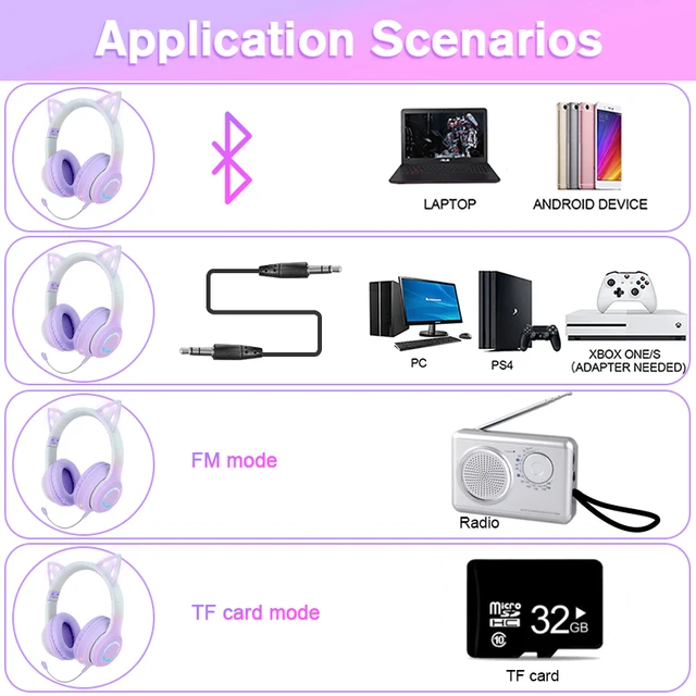 ecouteur sans fil Bluetooth à lumière LED, casque nickel é, écouteurs stéréo HiFi avec micro pour filles Kawaii – Image 6