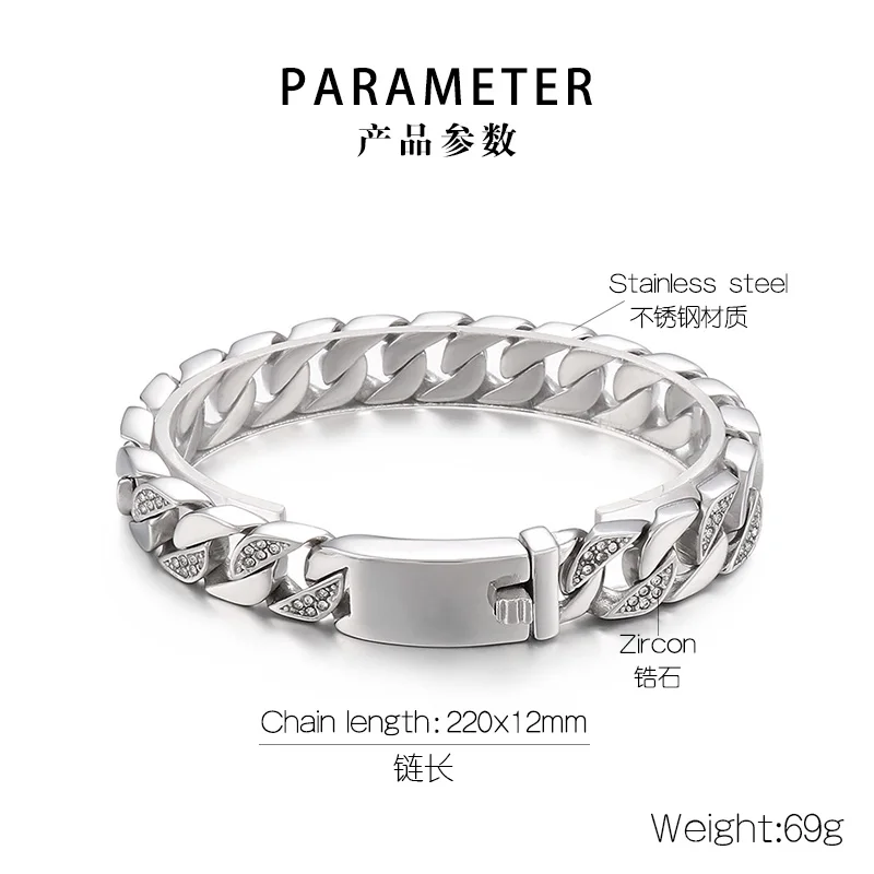 Fongten 22 cm Kubanischen Kette Armbänder Für Männer Zirkon Edelstahl Kette Handgelenk Armbänder Gothic Männlichen Armreif Silber Farbe schmuck – Detail 5