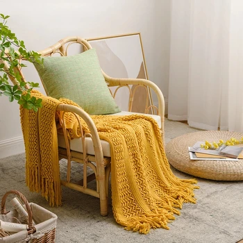 Nordic Crocheted Blanket Travel Blankets Khaki Sofa Bed Throw Blanket Tassels Air Conditioner Blankets Hollow Plaid Drop ship 5