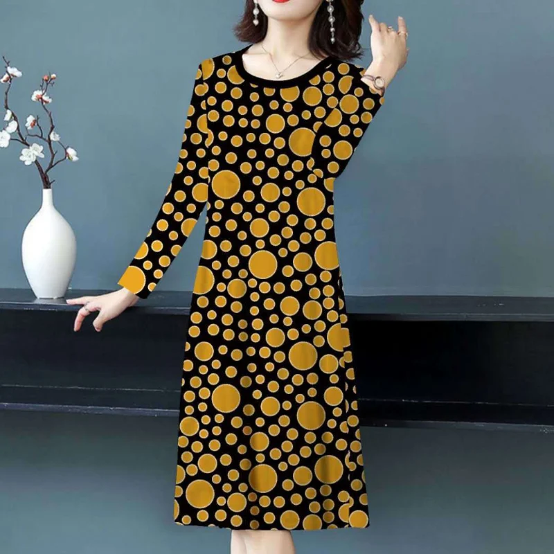 

2023 New Spring and Autumn Fashion Trend Simple Round Neck Dot Print Loose Relaxed Slim Mid Length Oversize Women's Dress