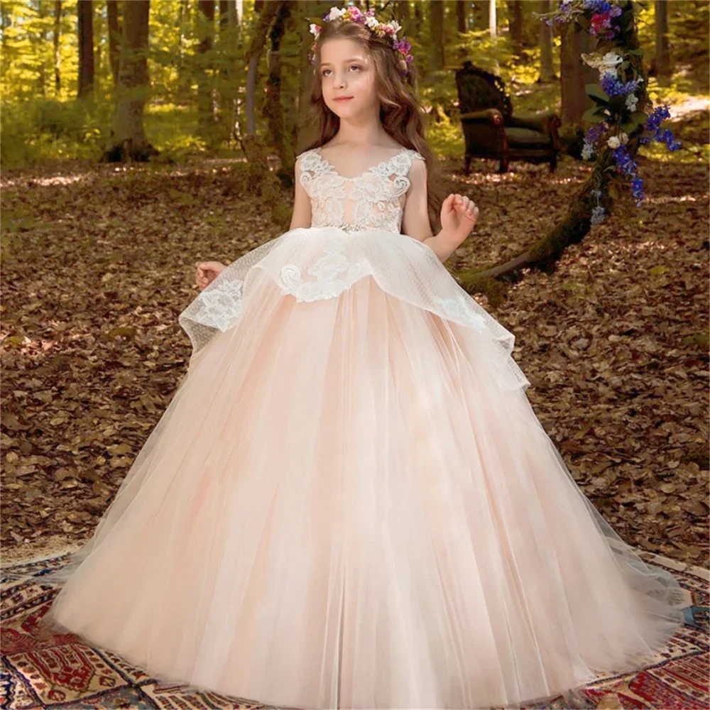 

Lace Flower Girl Dresses Formal Puffy Sleeveless Little Girl Princess Wedding Birthday Party First Communion Holiday Gown