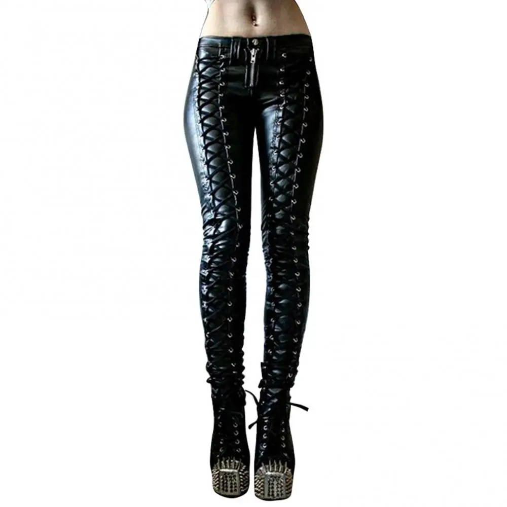 Button Women Trousers Skinny Faux Leather Pants Steampunk Cosplay Carnival Party Trousers