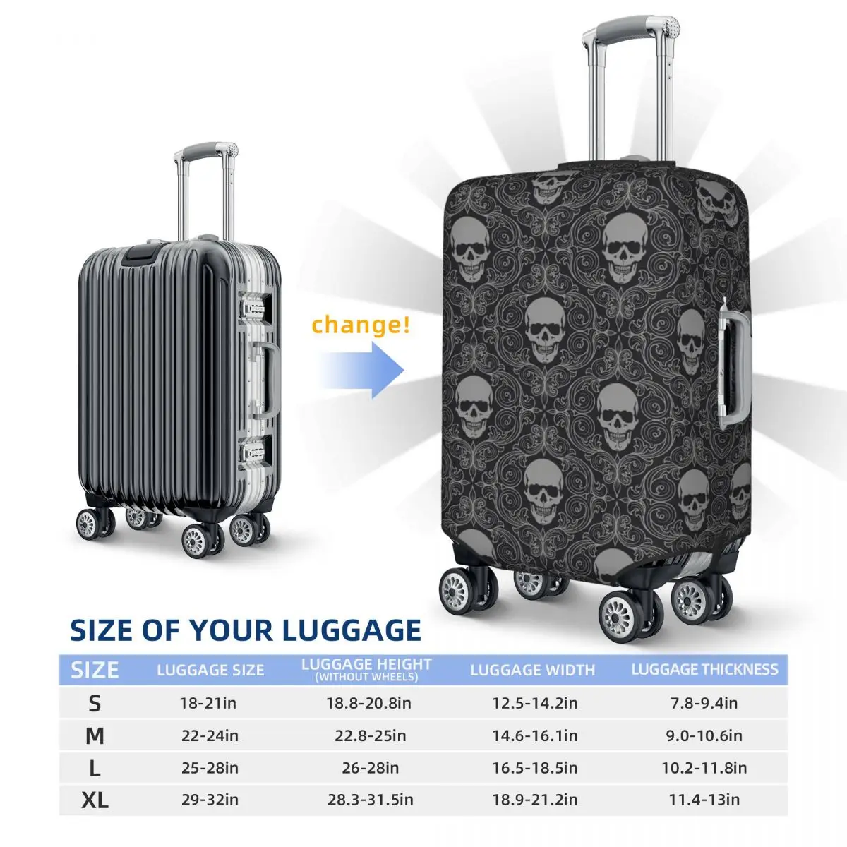 Cool Skull Doodle Suitcase Cover Vintage Cruise Trip Protector Vacation Fun Luggage Case 6