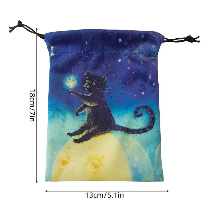 타로 카드 벨벳 보관 가방 검은 고양이 패턴으로 인쇄 된 Drawstrings가있는 미스터리 벨벳 파우치 타로 카드 파우치 주최자