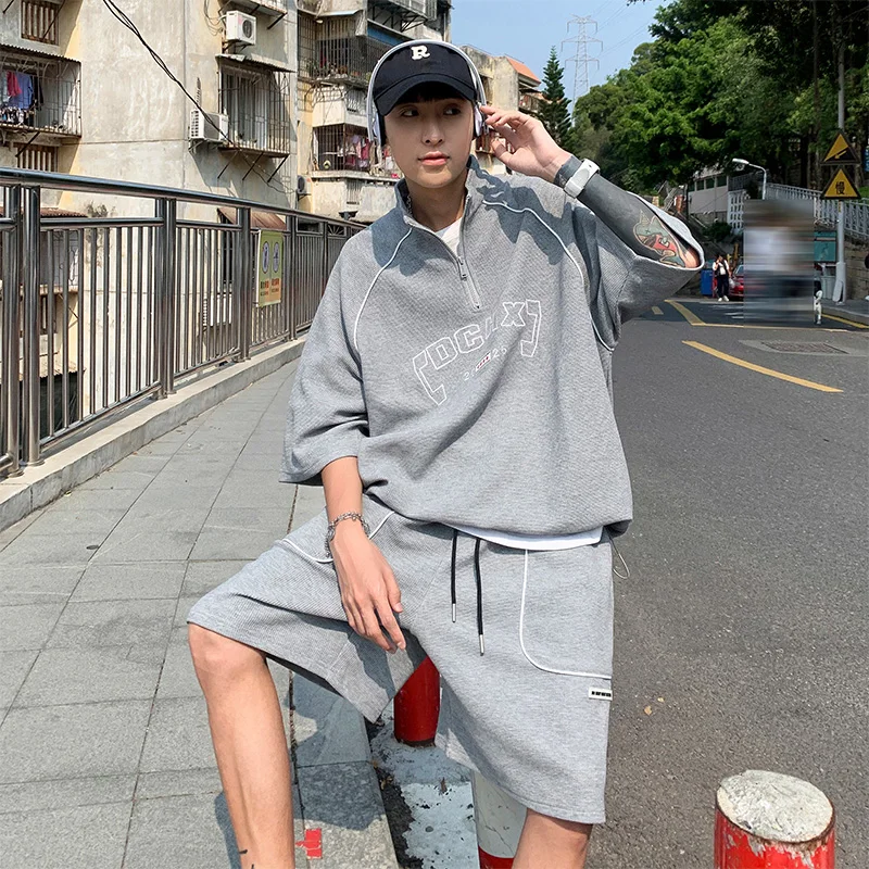 

Male City Boy 2PCS Pajamas Set Waffle Half Zipper Summer Tops + Shorts Sweatshirts Korea Japan Sports Streetwear Chic Dance Sets