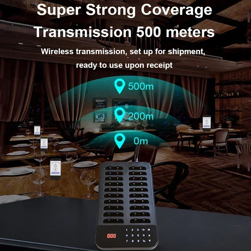 Wireless Restaurant Pager Calling System 20 Coasters Buzzer Vibrator Bell Receiver For Food Truck Bar Coffee Fast Food Bar Cafe
