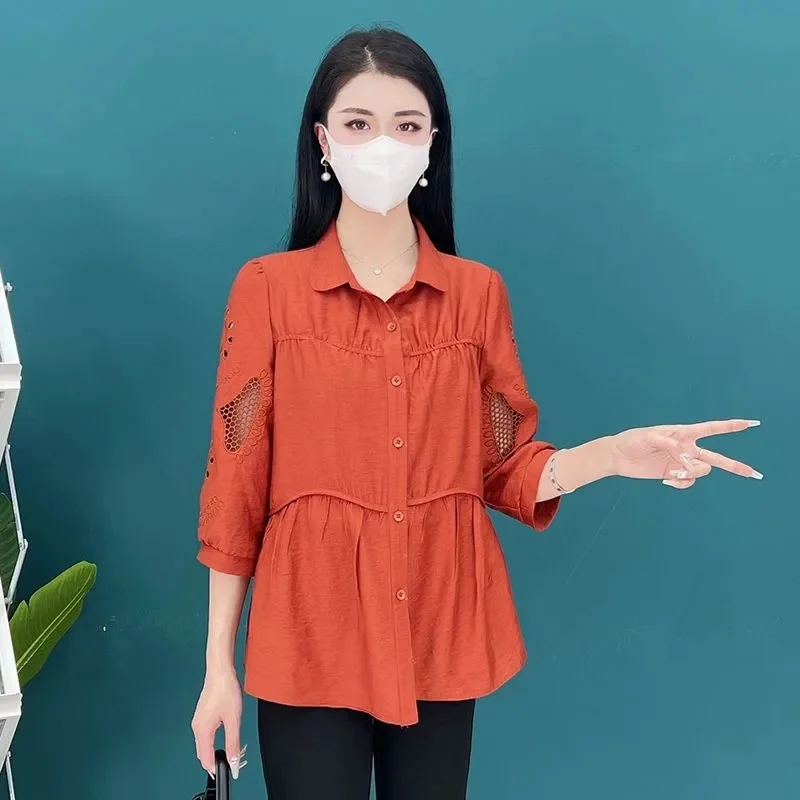 

Рубашка женская из хлопка и конопли, однотонная Повседневная Блузка, свободная рубашка-поло с вышивкой, с вырезами, лето 2023