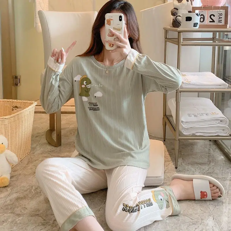SUO&CHAO Spring Autumn Cartoon Cute Print Pajamas Set For Women Casual Loose Pyjamas Pijamas Nightgown Sleepwear Homewear
