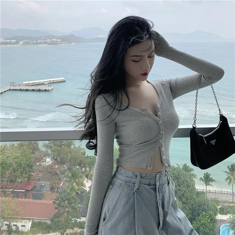 여성용 O넥 짧은 니트 스웨터, 얇은 가디건 패션, 오픈 프론트 단추 업, 긴팔 크롭 탑 티셔츠, 한국 스타일