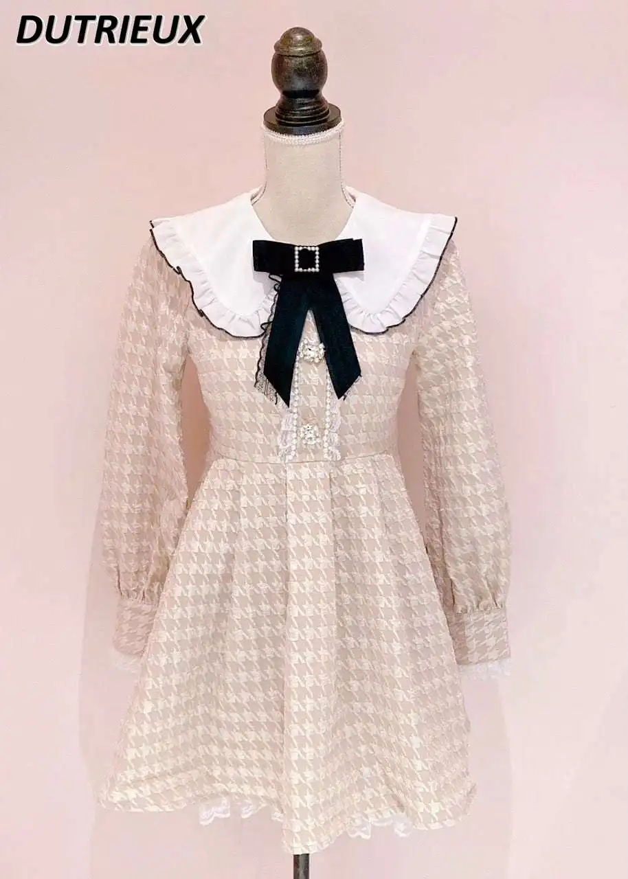 

New All-Match Retro Sweet Peter Pan Collar Dress Bow Drill Buckle Heavy Industry Dark Pattern Palace Style Long Sleeve Dress