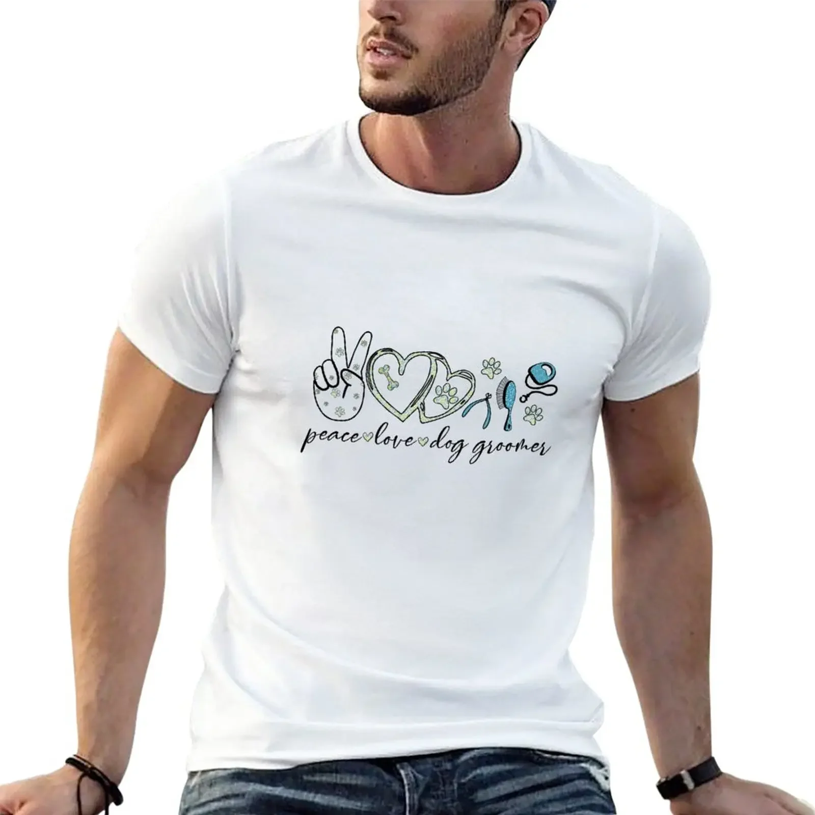 

Funny Peace Love Dog Groomer Puppy Grooming Pet lovers T-Shirt quick-drying quick drying plain T-shirts for men cotton