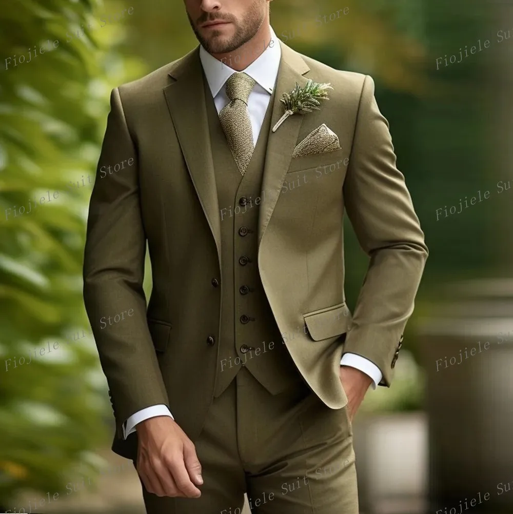 New Beige Formal Occasion Men Suit Business Tuxedos Groom Groomsman Wedding Party Prom Male 3 Piece Set Blazer Vest Pants