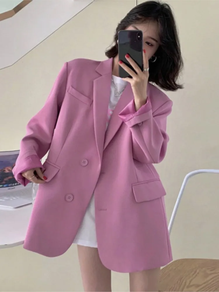 캐주얼 퓨어 컬러 봄 블레이저 노치드 칼라 긴 소매 재킷 여성용, 느슨한 패션, 가을