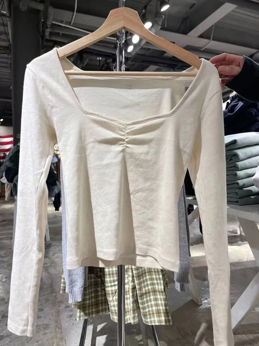 

Футболка женская хлопковая с длинным рукавом, простая однотонная пикантная уличная одежда со складками, элегантный облегающий топ с квадратным вырезом, в винтажном стиле, Y2K