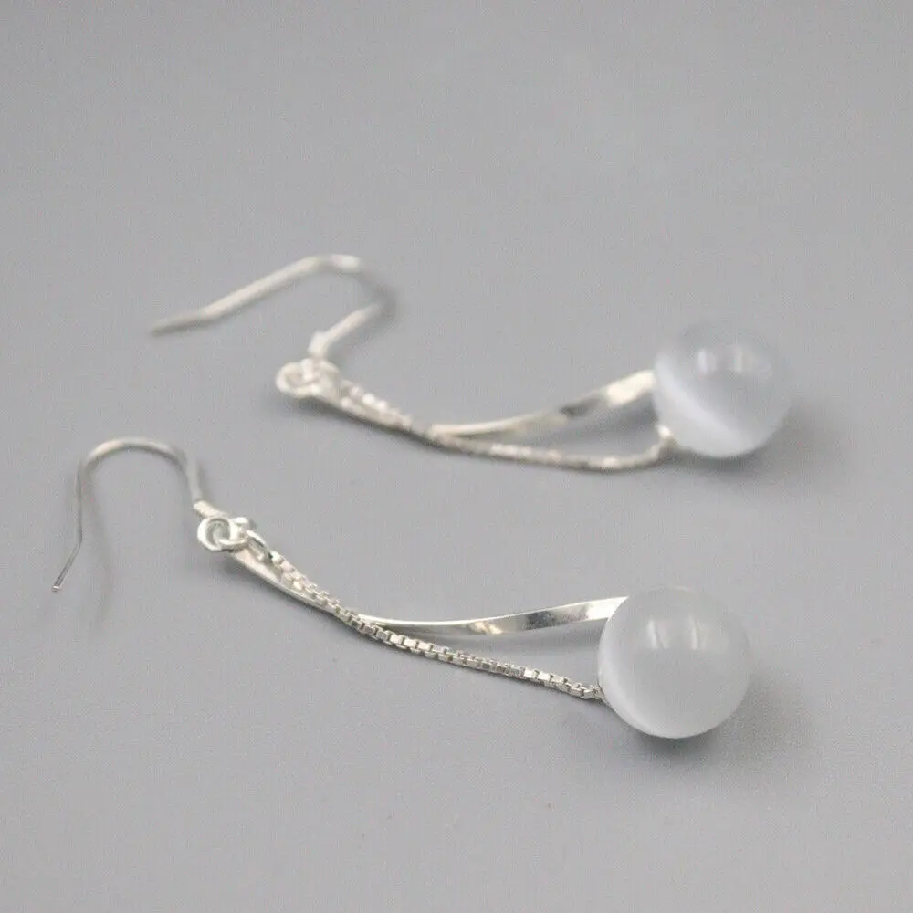

Real 925 Sterling Silver With Natural White Chalcedony Bead Dangle Earrings