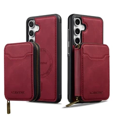Leather Magnetic Wallet Case with Wireless Charging Functionality - Galaxy S23+ (Dark Red)